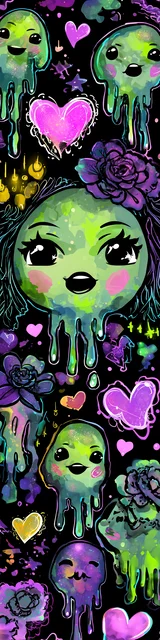 Free kawaii bookmark featuring pink hearts with green ghosts